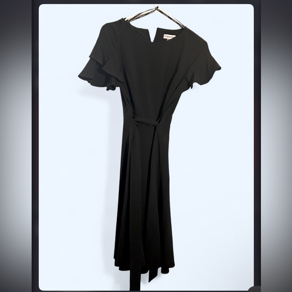 Calvin Klein Black Belted Flutter sleeve Midi Dress size 2